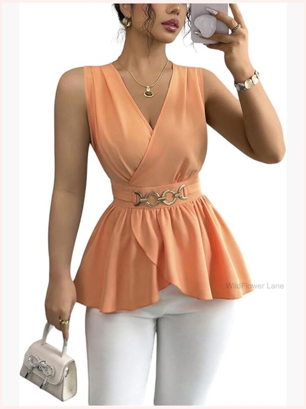 Wrap V Neck Blouse Ruffle Sleeveless Smocked Dressy Work Top